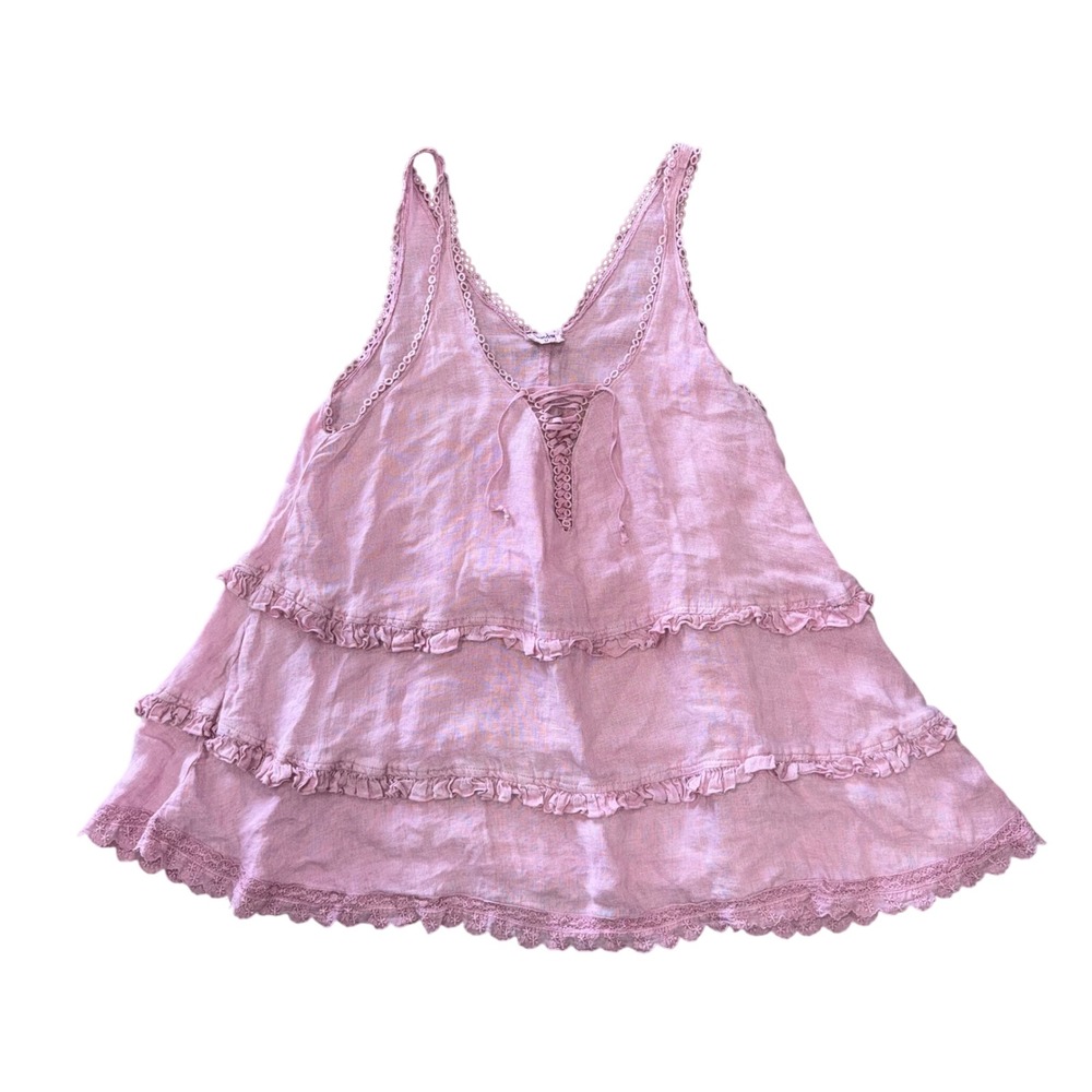 Sunday Tropez Baya Tank Top Women OS‎ Pink Excellent Linen Tiered Ruffle Lace Up
